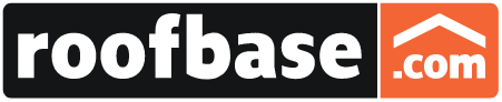 Logo of "roofbase.com" with "roof" in white text on a black background, "base" in white on a dark gray background, and ".com" in white on an orange background with a stylized roof shape above the text.