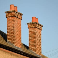 Two brick chimneys with terracotta pots stand on the roof of a house. The roof has grey shingles and the sky is clear and blue. A few cables are visible in the background.